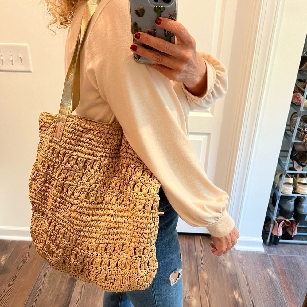 Tan Straw Bag Tote Double Straps Gold